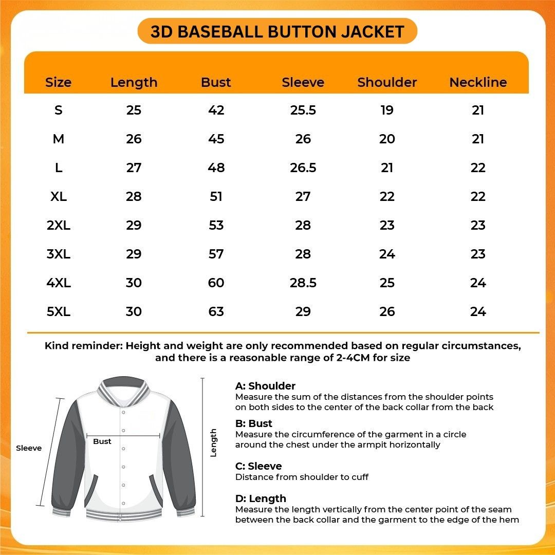3D Baseball Button Jacket Size Chart - Bruno Mars UK Shop